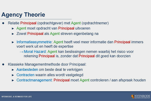 In het agency model beperkt de inkopende partij (de principaal) het risico via contractmanagement